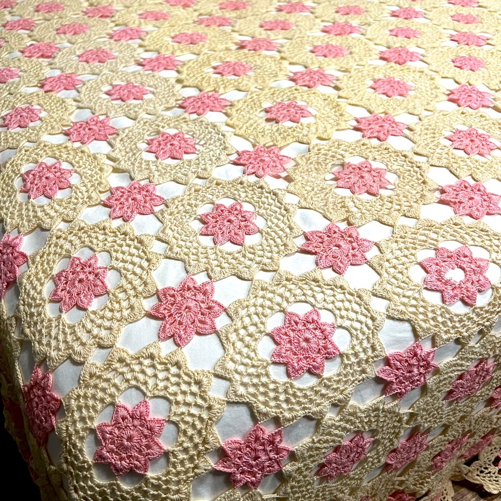 Vintage Mid Century Crocheted Pink & Ecru Queen Size Coverlet